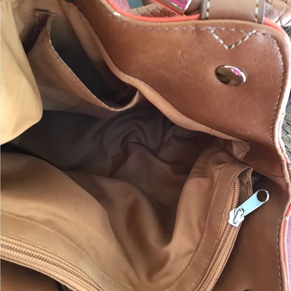 Coral orange brown Handbag purse braided handles 14” x 18” including handles EUC - Picture 12 of 15